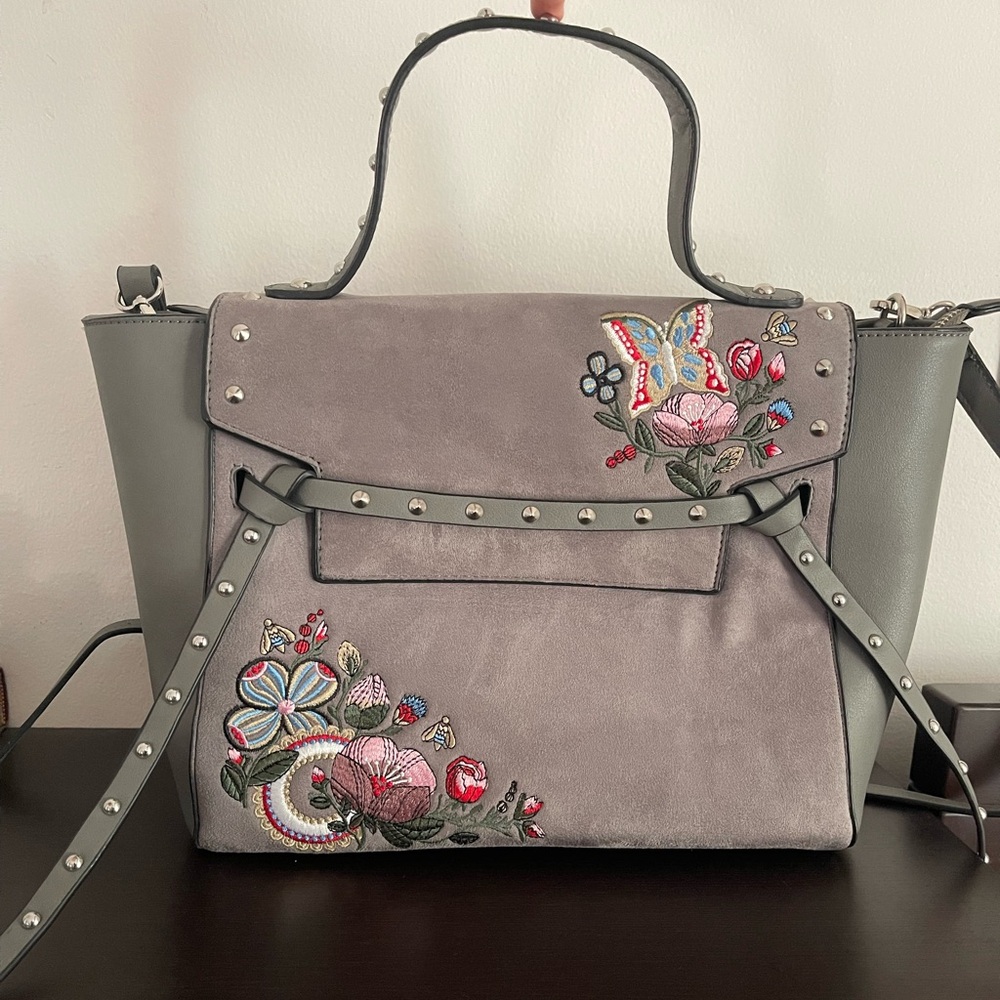 Floral Embroidery Top Handle Handbag with Crossbody Strap